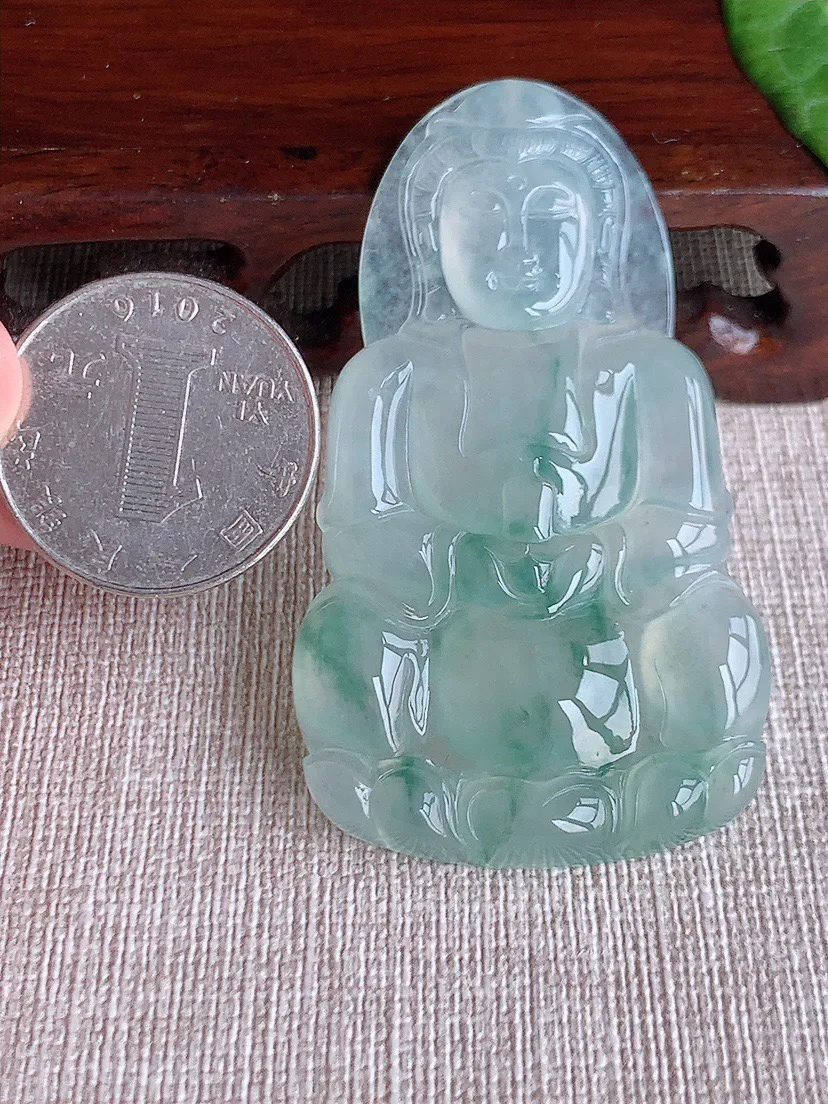 缅甸a货翡翠ddj老坑冰种飘花正装观音吊坠 整体62×35.5×5.7mm 24.33