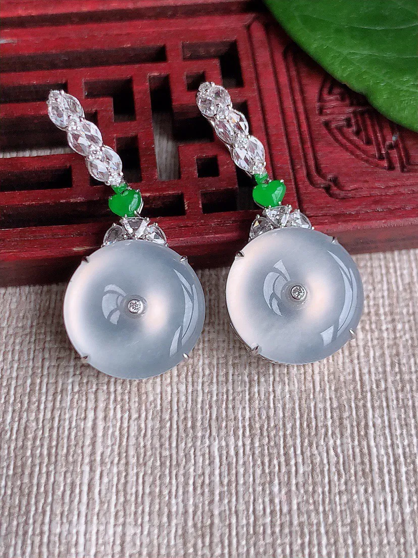 缅甸a货翡翠ddj老坑玻璃种18K金镶嵌白月光平安扣耳坠 整体14.2×6.6mm 7.60