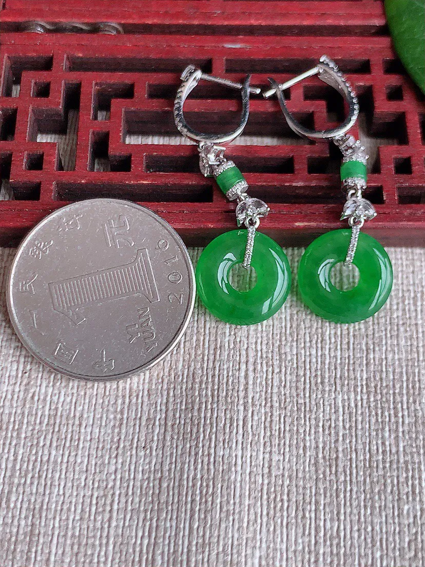 缅甸a货翡翠ddj老坑冰种18K金镶嵌阳绿平安环耳坠 整体12.5×2.6mm 4.13