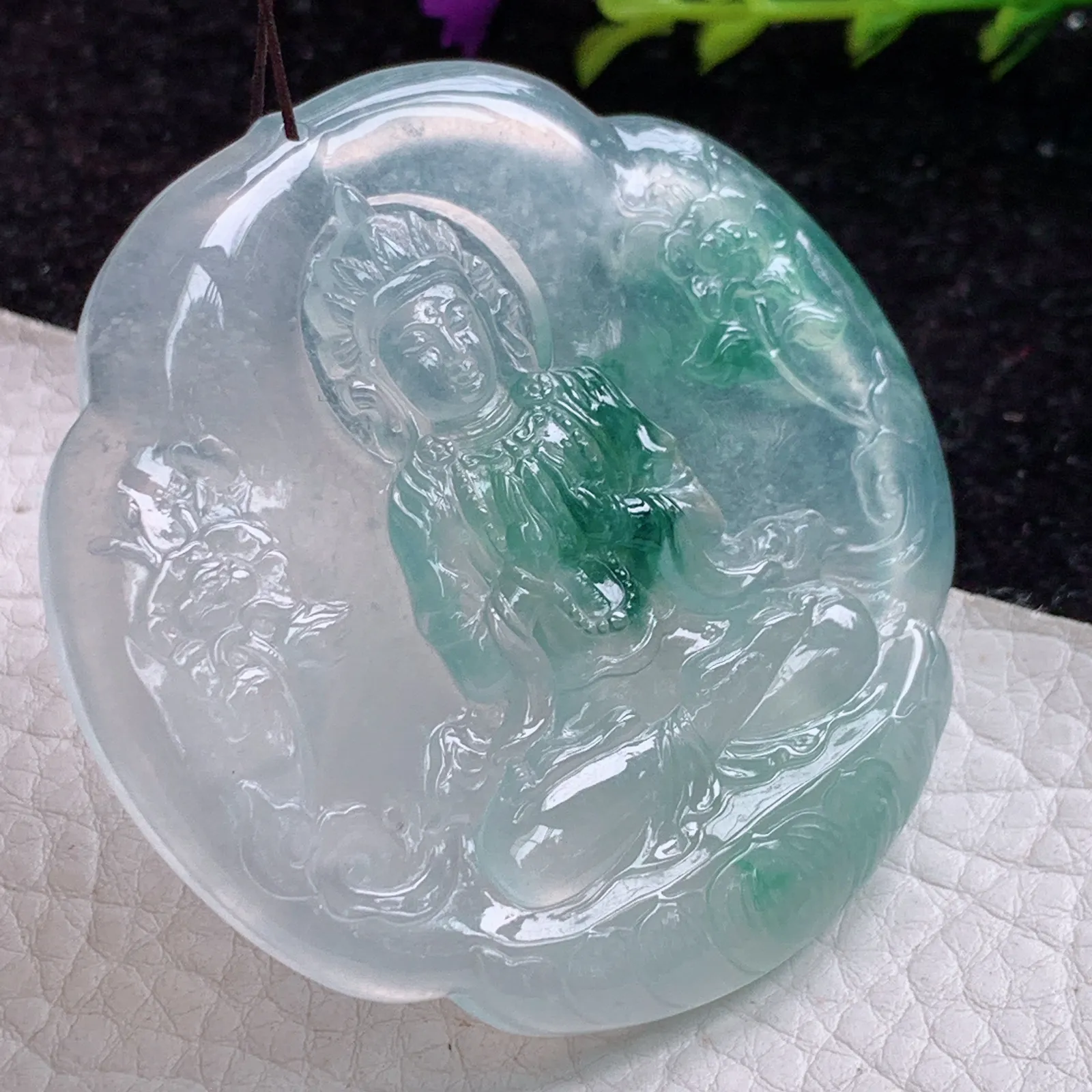 cy实拍55*6缅甸翡翠冰飘花雪花观音圆牌 翡翠观音玉吊坠 玉挂件