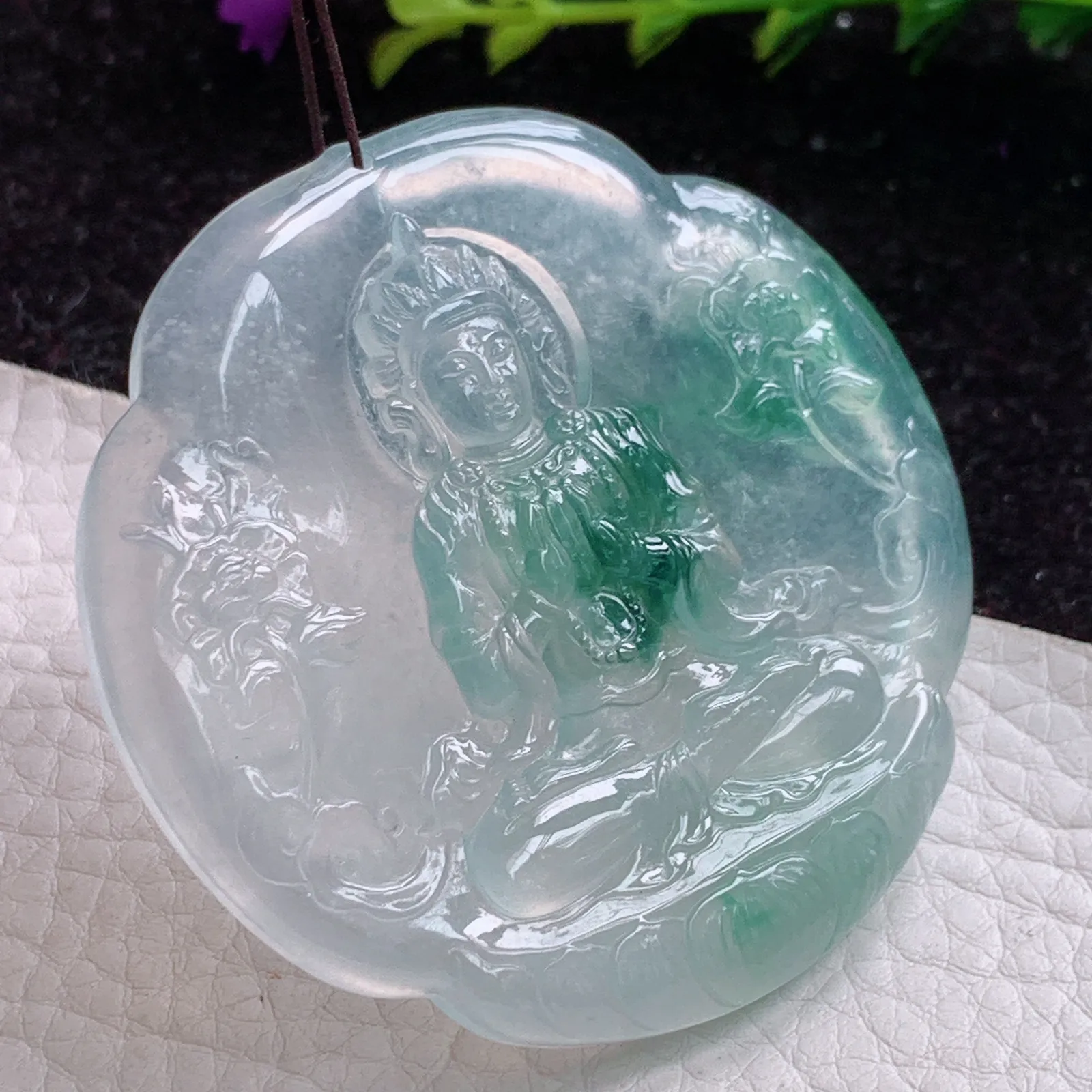 cy实拍55*6缅甸翡翠冰飘花雪花观音圆牌 翡翠观音玉吊坠 玉挂件