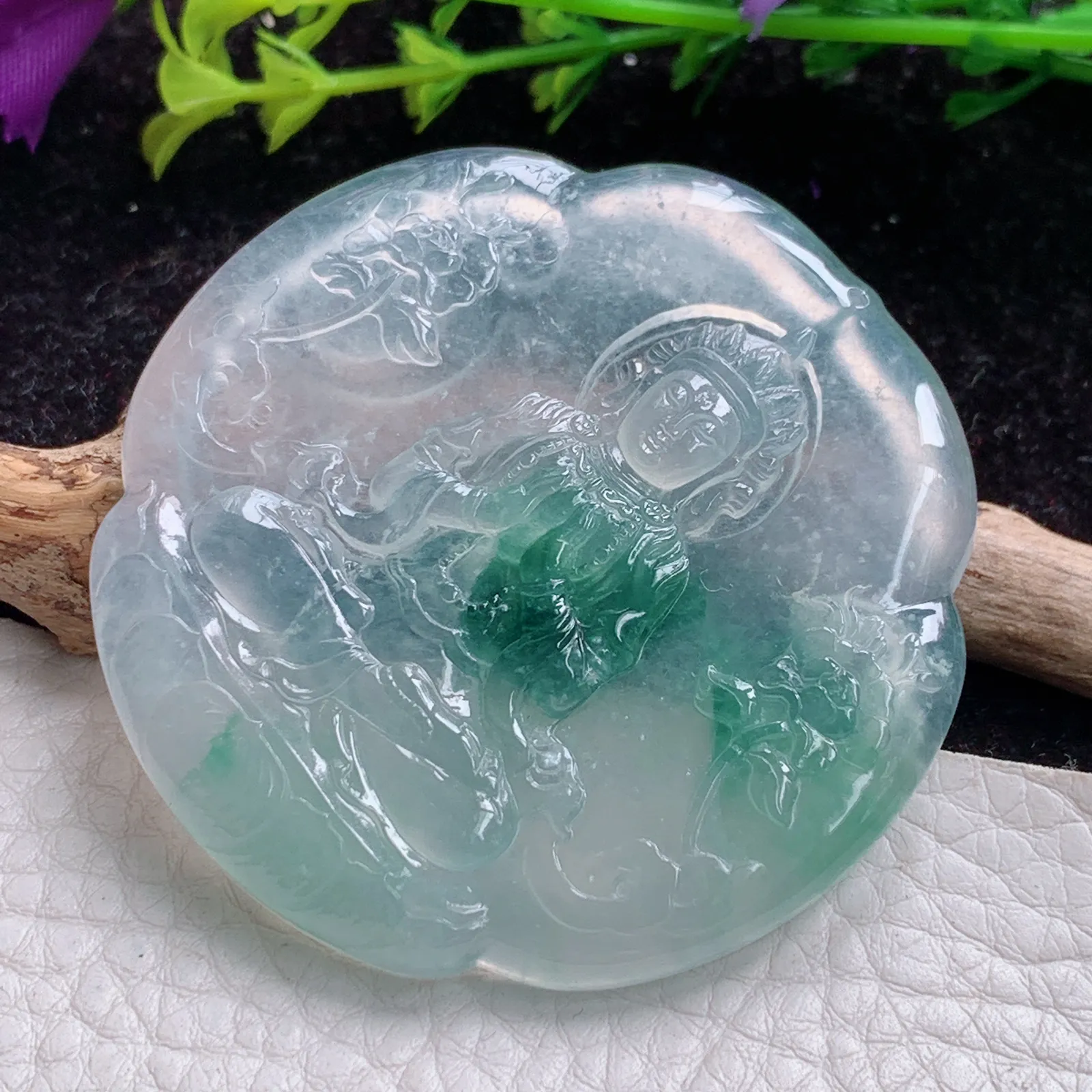 cy实拍55*6缅甸翡翠冰飘花雪花观音圆牌 翡翠观音玉吊坠 玉挂件