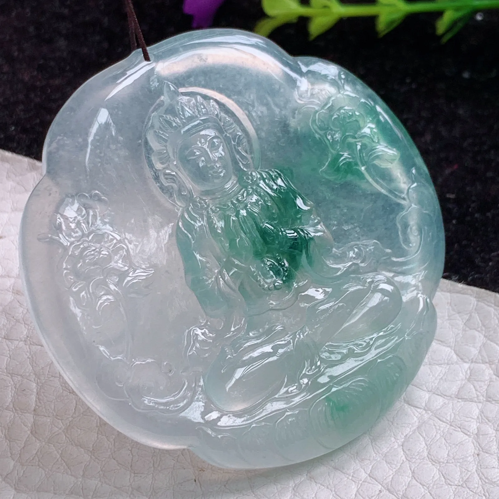 cy实拍55*6缅甸翡翠冰飘花雪花观音圆牌 翡翠观音玉吊坠 玉挂件