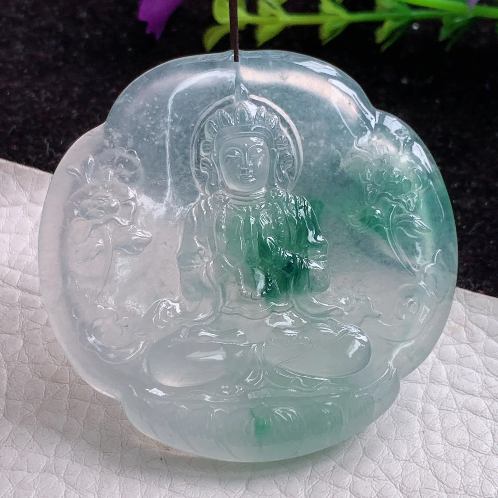 cy实拍55*6缅甸翡翠冰飘花雪花观音圆牌 翡翠观音玉吊坠 玉挂件