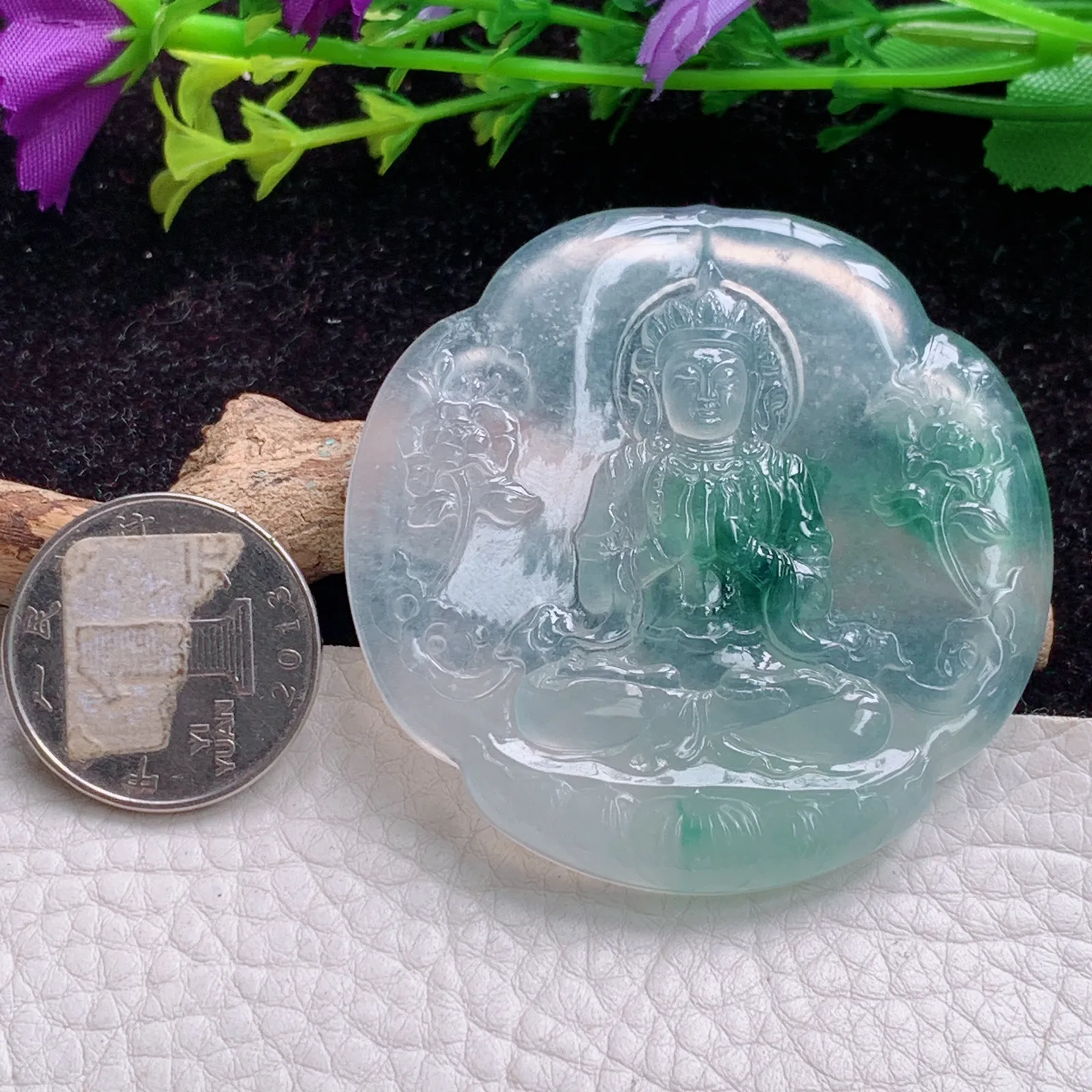 cy实拍55*6缅甸翡翠冰飘花雪花观音圆牌 翡翠观音玉吊坠 玉挂件