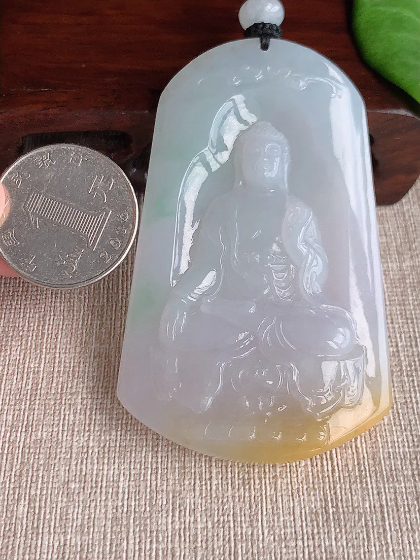 缅甸a货翡翠ddj老坑冰种黄加绿双彩阿弥陀佛吊坠 整体72.6×44×9.2mm 58.30