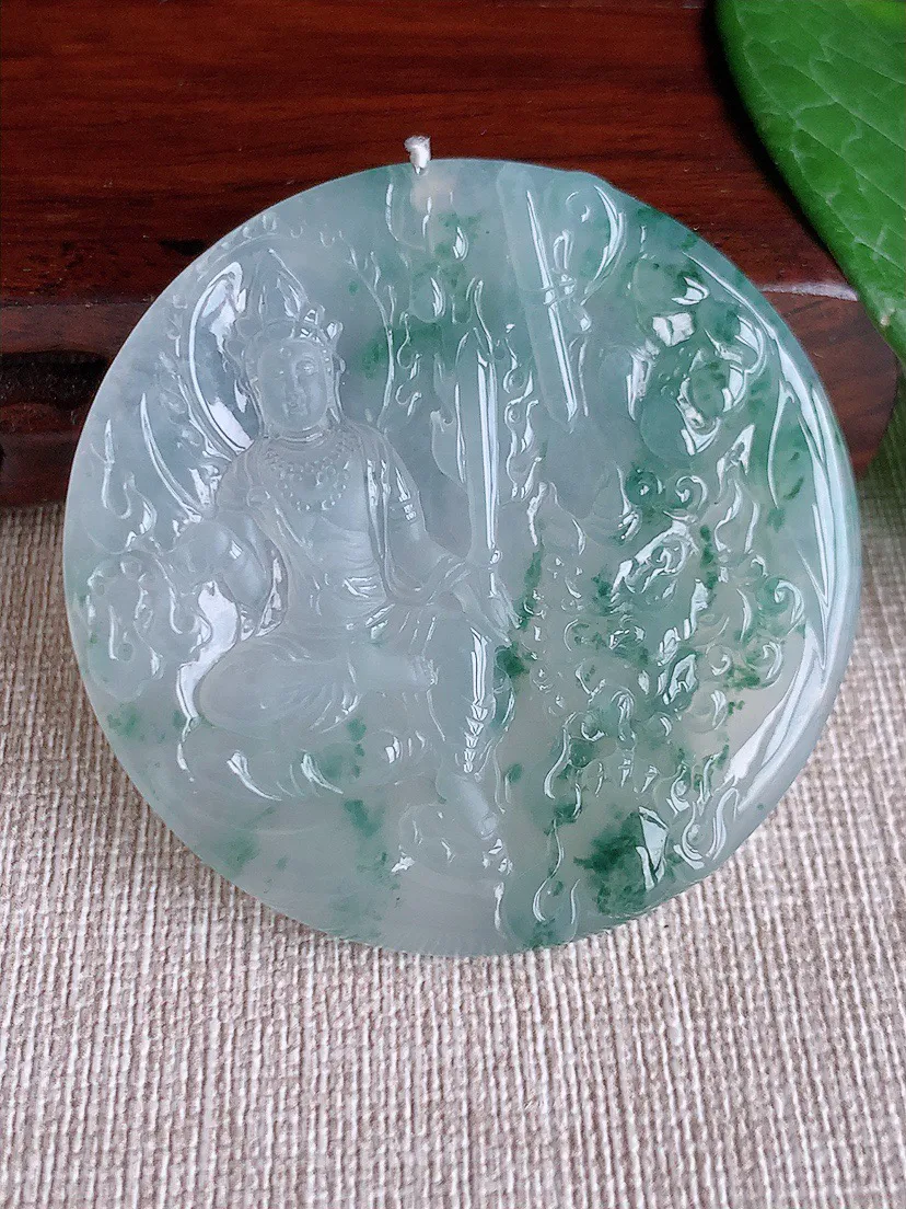 缅甸a货翡翠ddj老坑冰种飘花文殊菩萨吊坠 整体51.6×5.4mm 31.21