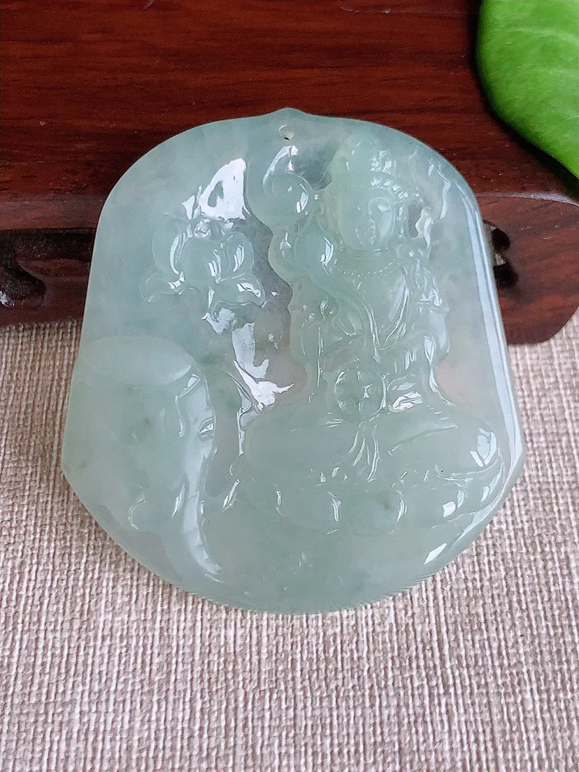 缅甸a货翡翠ddj老坑冰种晴水一刀切普贤菩萨吊坠 整体54.4×48.7×5.2mm 28.20