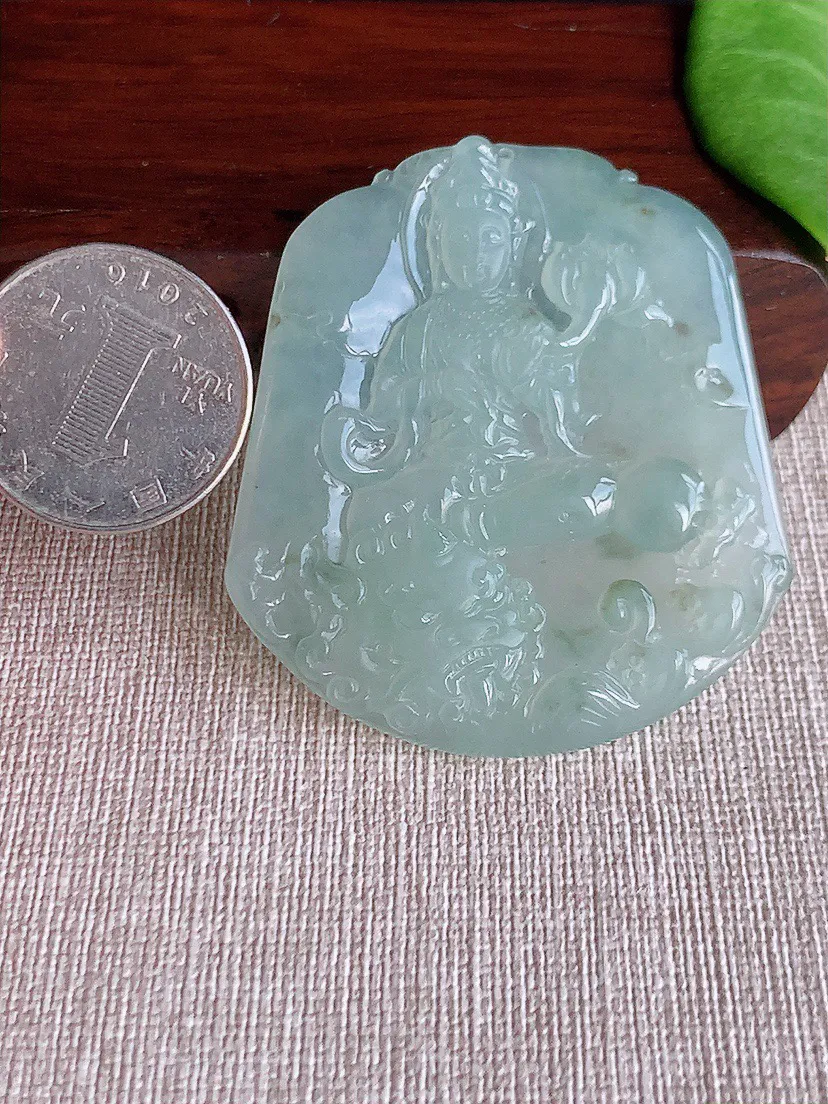 缅甸a货翡翠ddj老坑冰种晴水一刀切文殊菩萨吊坠 整体53.6×48.5×5.6mm 28.28