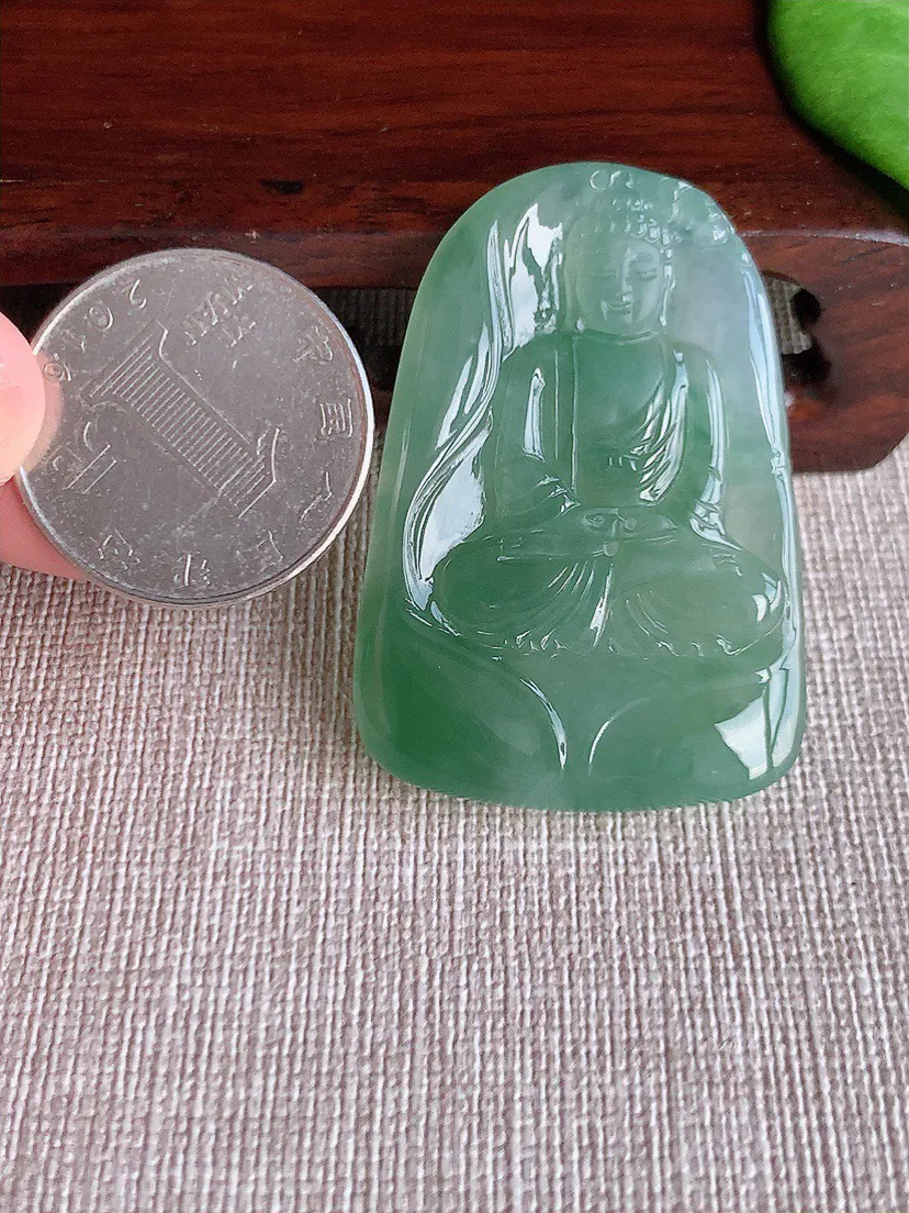 缅甸a货翡翠ddj老坑冰种飘花阿弥陀佛吊坠 整体45.2×31.2×5.3mm 17.88