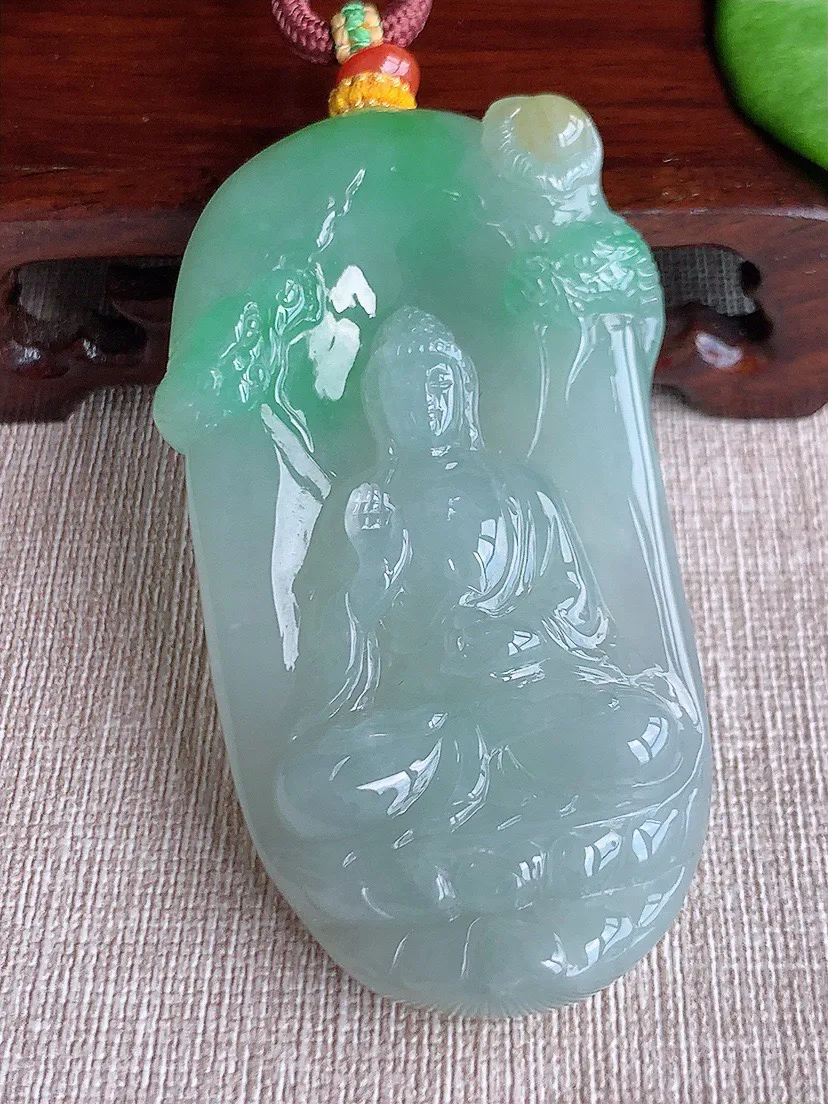 缅甸a货翡翠ddj老坑冰种黄加绿双彩大日如来吊坠 整体71.3×41×10.8mm 71.50