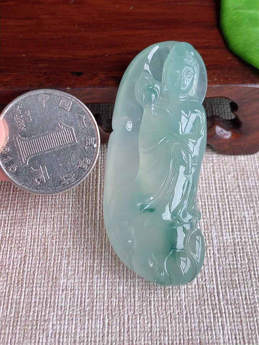 缅甸a货翡翠ddj老坑冰种飘花大势至菩萨吊坠 整体56.7×23×8.7mm 22.00