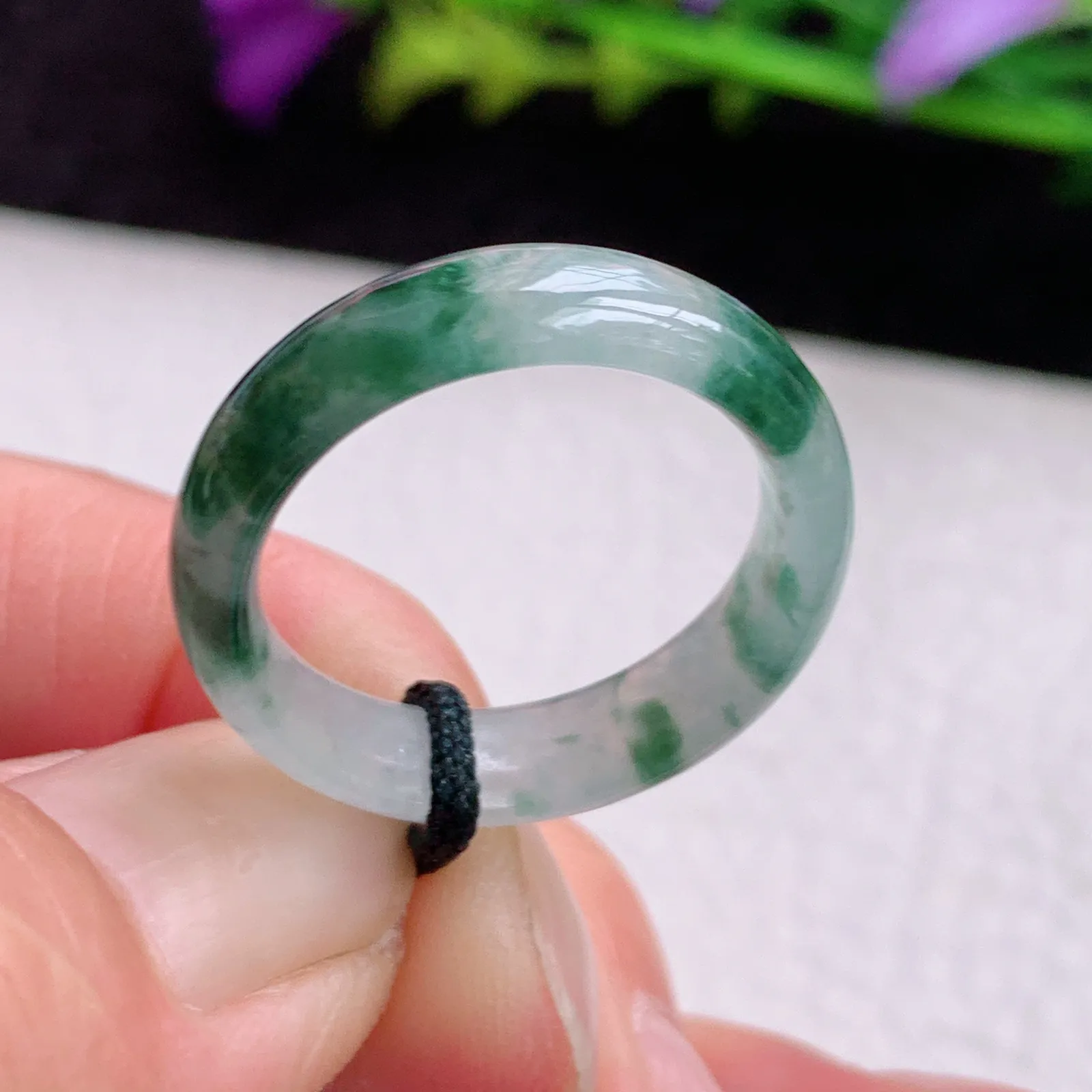 实拍sl缅甸A货翡翠冰飘花18mm内径翡翠戒指 灵动玉指环18*5.7*3.2mm