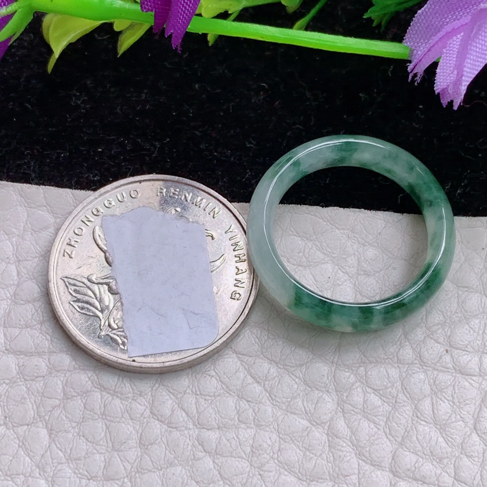 实拍sl缅甸A货翡翠冰飘花18mm内径翡翠戒指 灵动玉指环18*5.7*3.2mm