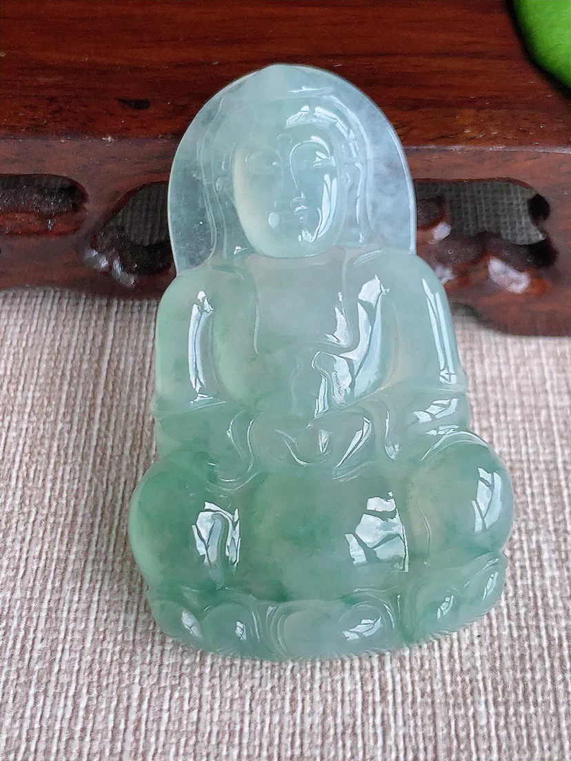 缅甸a货翡翠ddj老坑冰种飘花正装观音吊坠 整体52.8×33×5.4mm 16.90