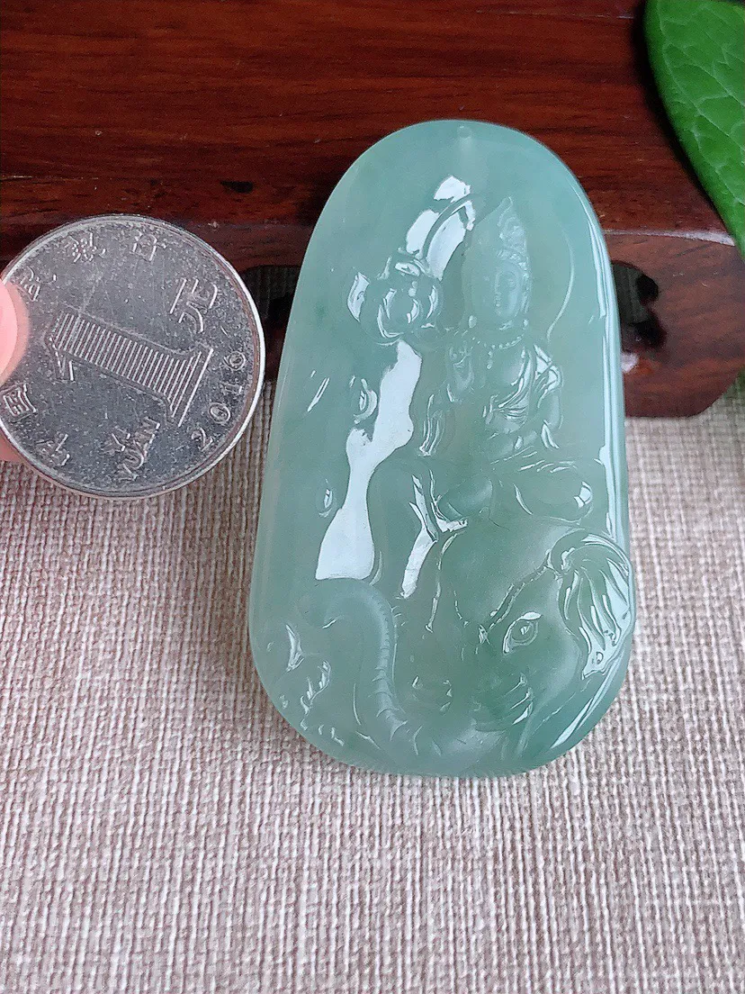 缅甸a货翡翠ddj老坑冰种飘花普贤菩萨吊坠 整体58.2×32.7×5.5mm 23.93