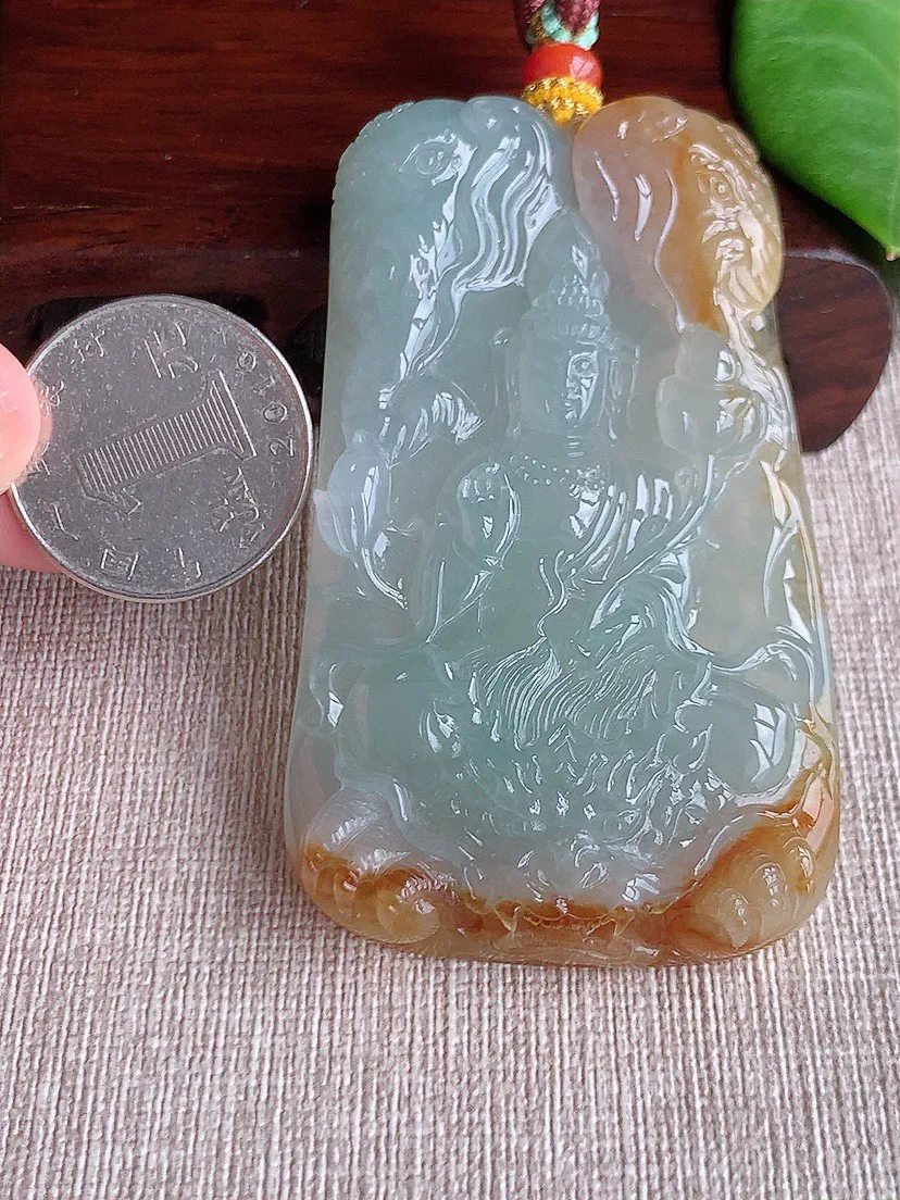 缅甸a货翡翠ddj老坑冰种飘黄翡普贤菩萨吊坠 整体70.4×42.4×9.7mm 69.17