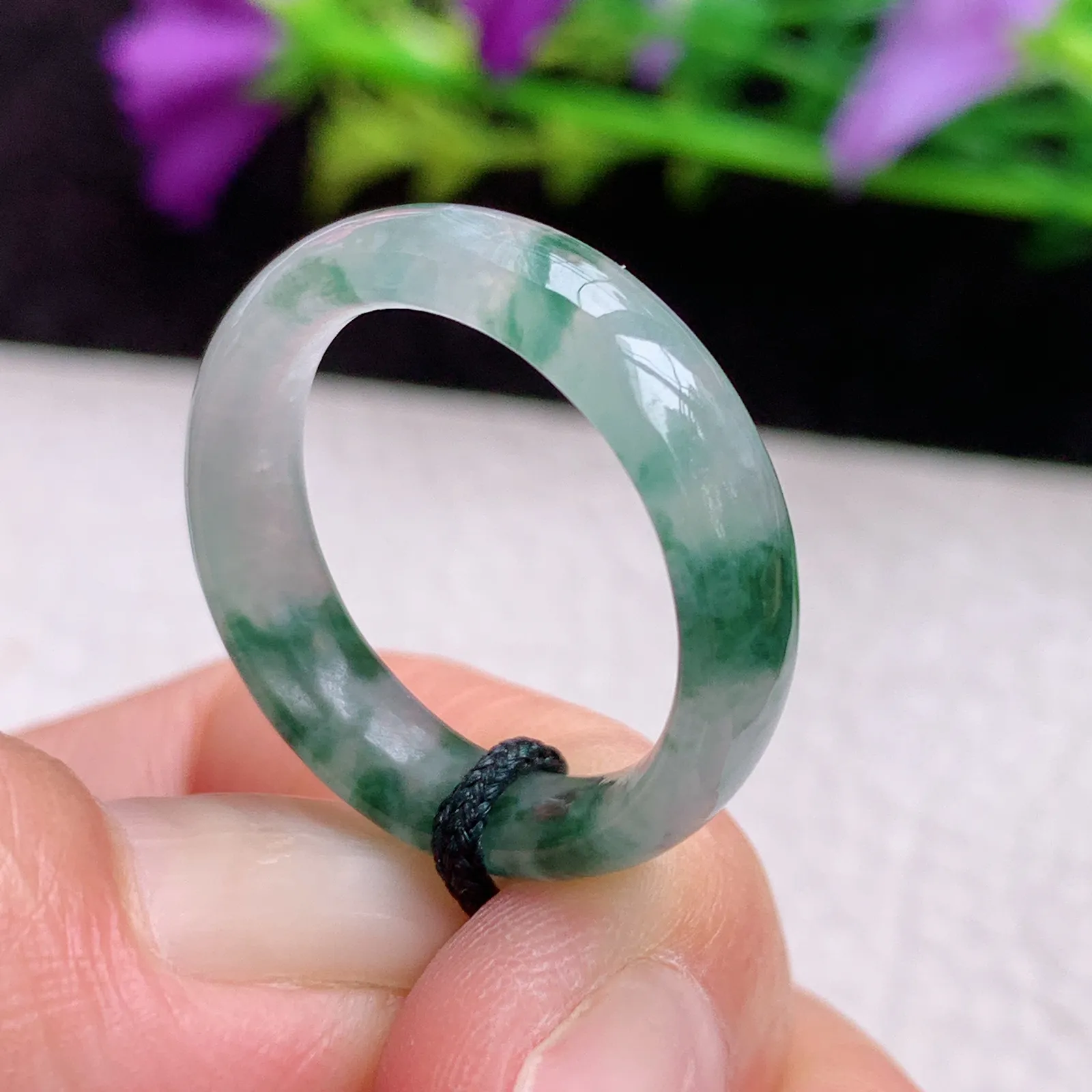 实拍sl缅甸A货翡翠冰飘花18mm内径翡翠戒指 灵动玉指环18*5.7*3.2mm