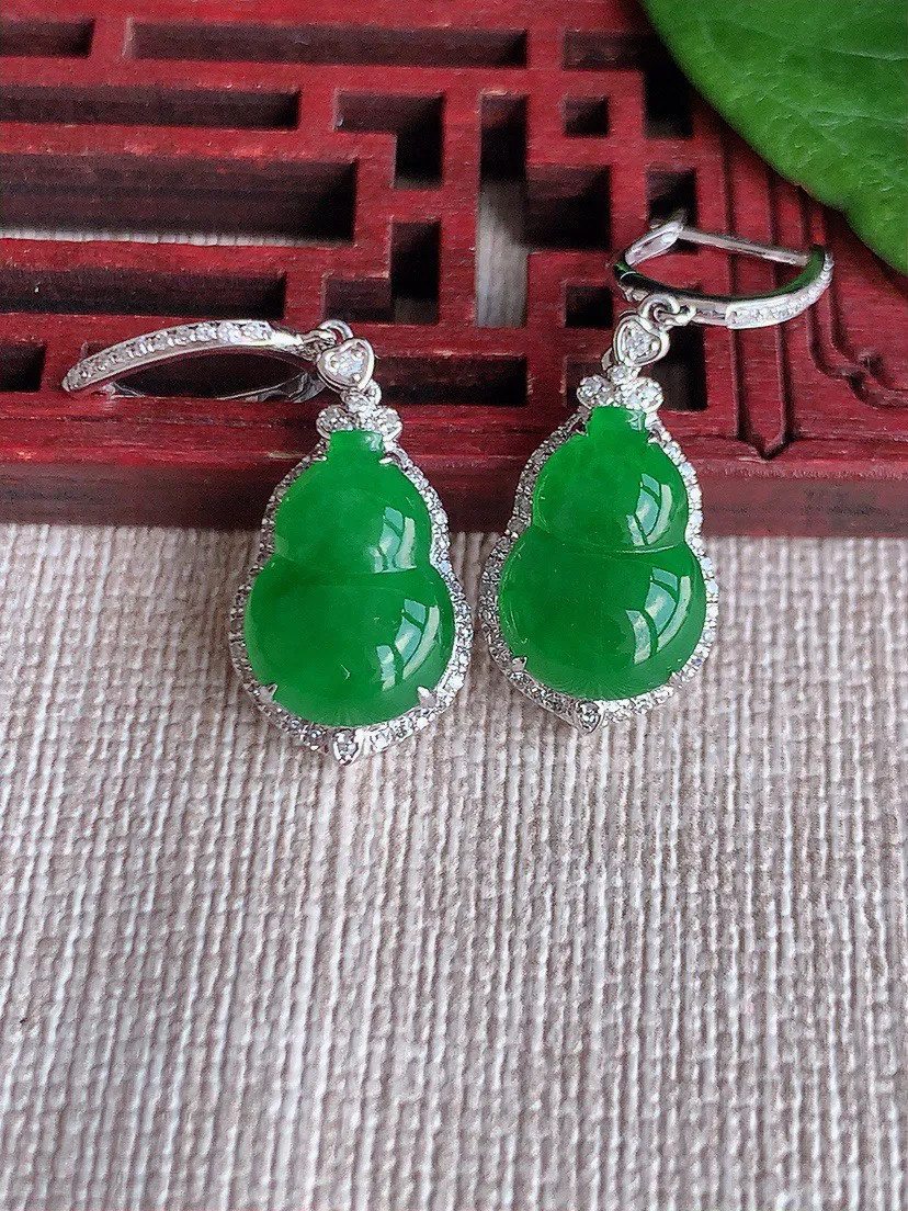 缅甸a货翡翠ddj老坑冰种18K金镶嵌满绿葫芦耳坠 整体13×9×6mm 4.37