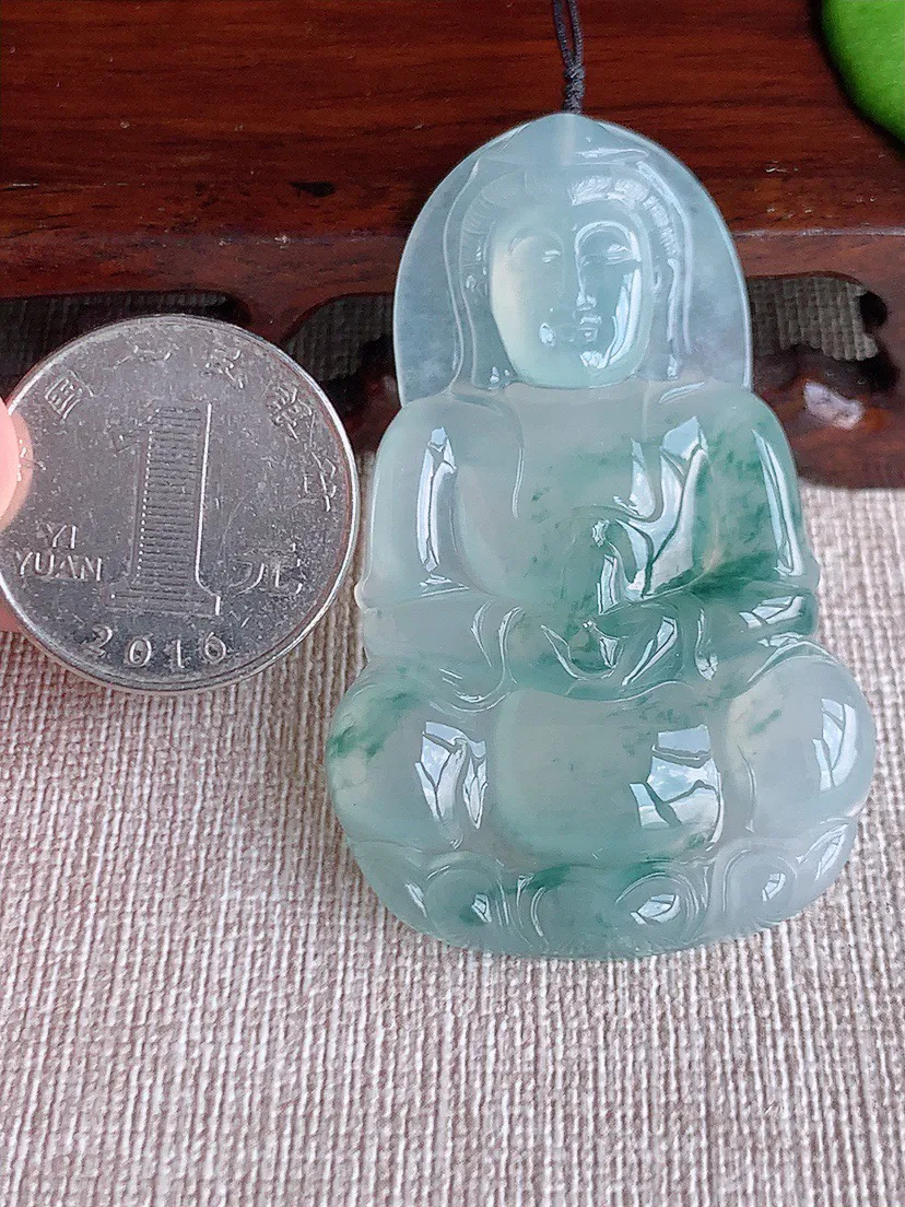 缅甸a货翡翠ddj老坑冰种飘花正装观音吊坠 整体55.4×35×5.7mm 18.78