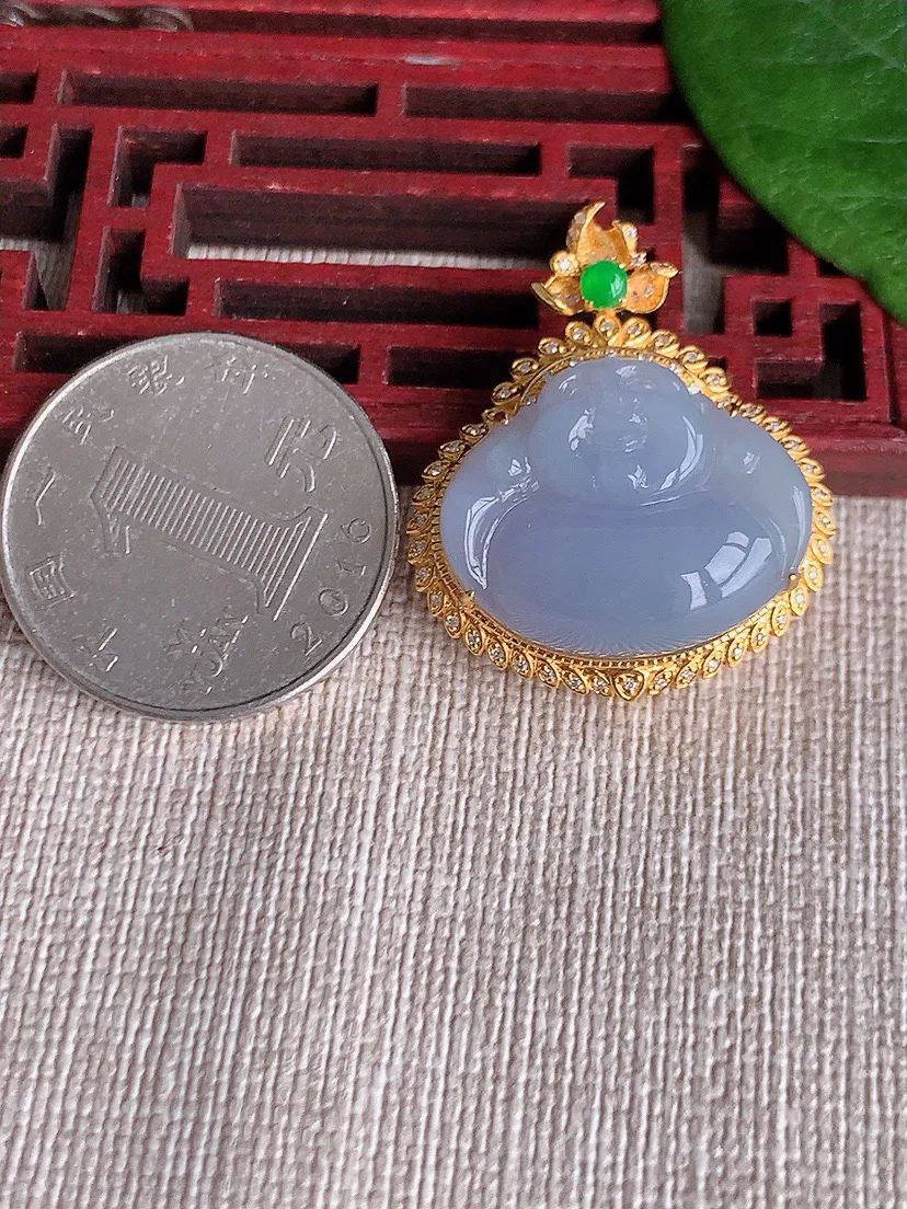 缅甸a货翡翠ddj老坑冰种18K金镶嵌紫罗兰佛公吊坠 整体30.2×26×10.7裸石17.6×22mm 6.50