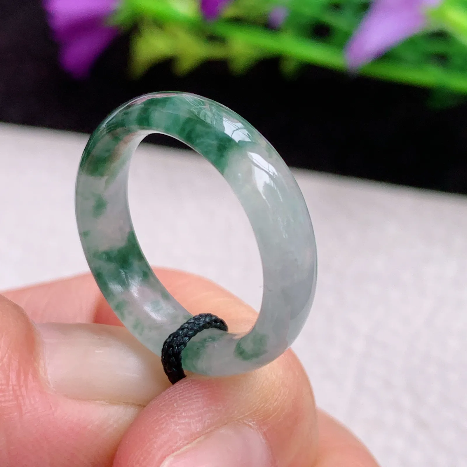 实拍sl缅甸A货翡翠冰飘花18mm内径翡翠戒指 灵动玉指环18*5.7*3.2mm