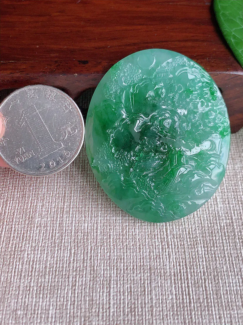 缅甸a货翡翠ddj老坑冰种飘绿意境山水牌吊坠  整体46.7×39.4×5.8mm 22.74