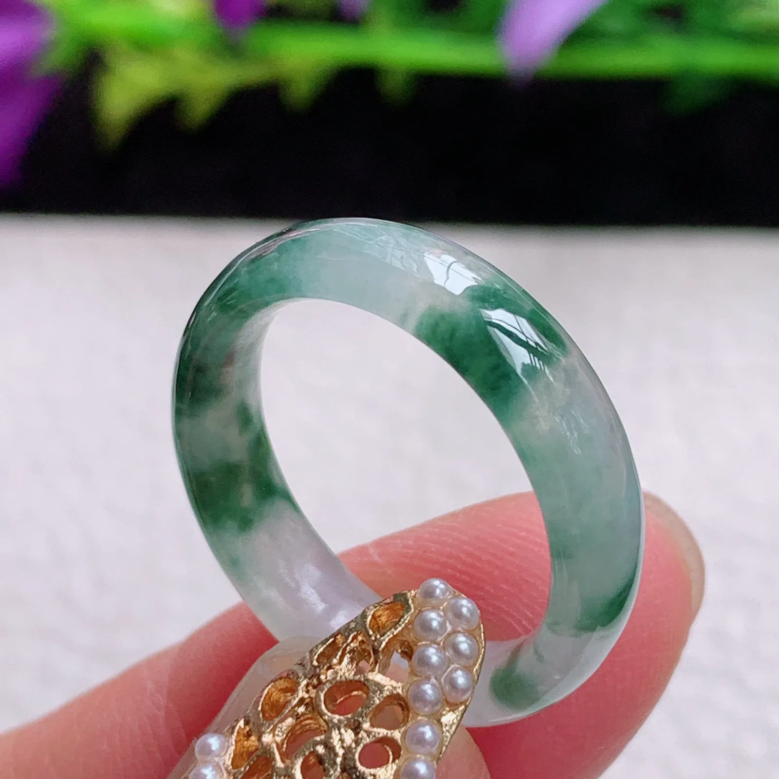 实拍sl缅甸A货翡翠冰飘花18mm内径翡翠戒指 灵动玉指环18*5.7*3.2mm