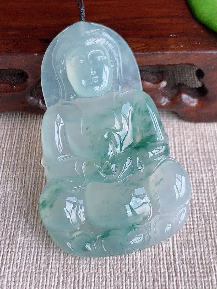 缅甸a货翡翠ddj老坑冰种飘花正装观音吊坠 整体55.4×35×5.7mm 18.78