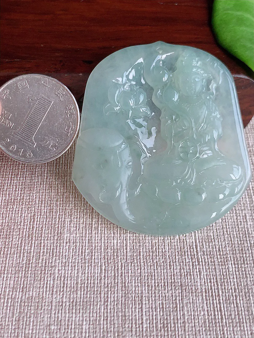 缅甸a货翡翠ddj老坑冰种晴水一刀切普贤菩萨吊坠 整体54.4×48.7×5.2mm 28.20