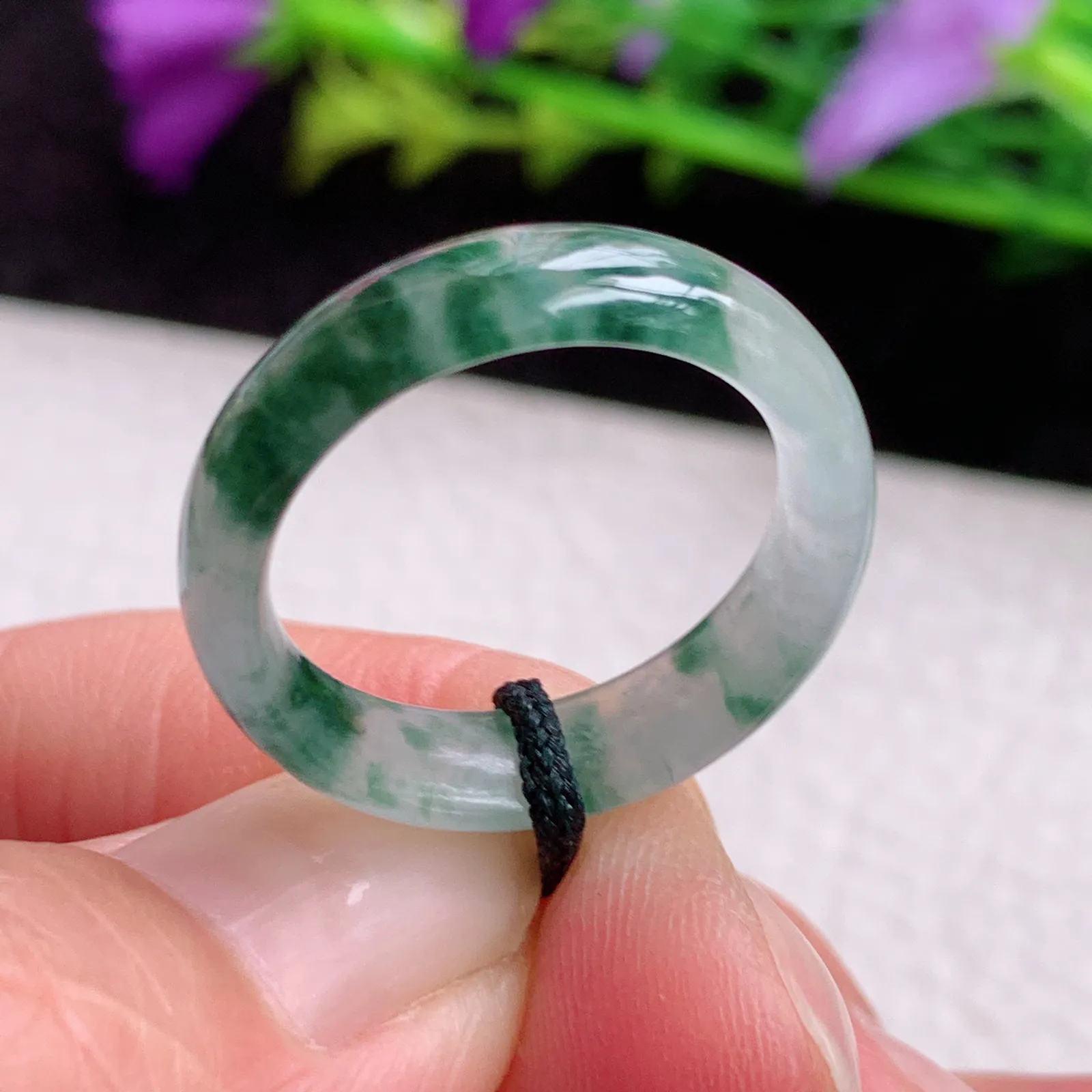 实拍sl缅甸A货翡翠冰飘花18mm内径翡翠戒指 灵动玉指环18*5.7*3.2mm