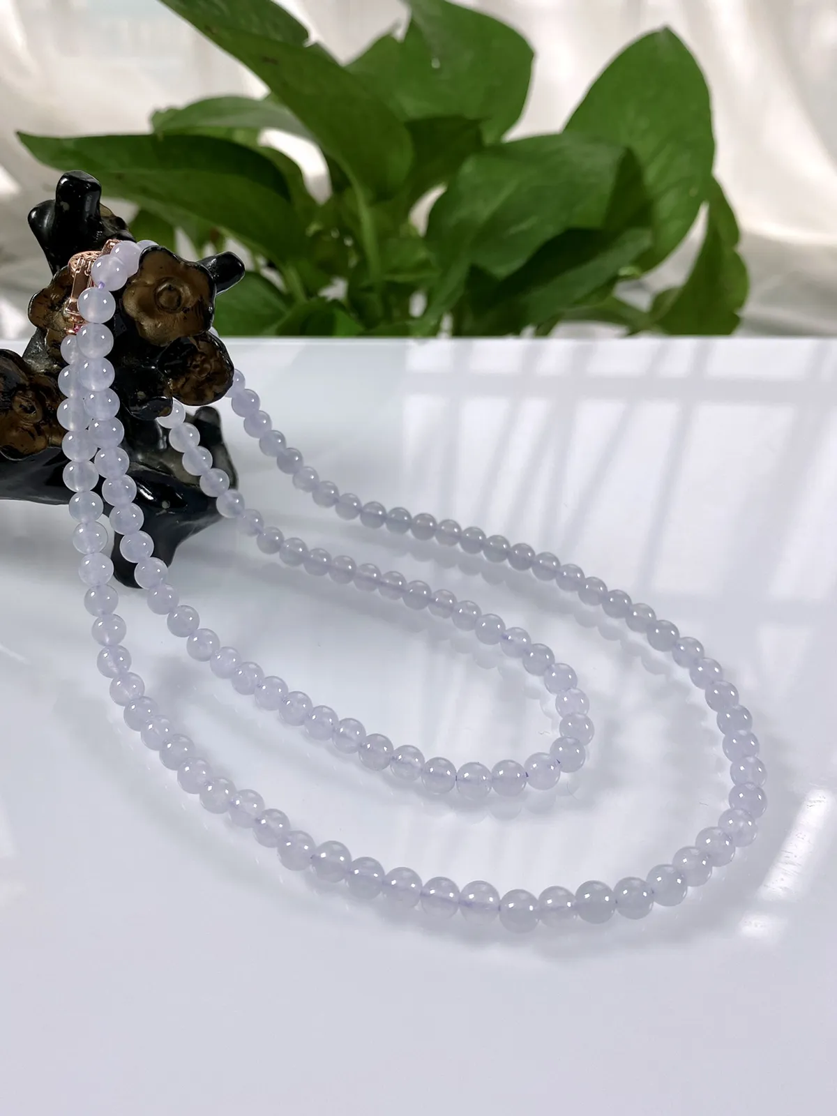 缅甸天然翡翠A货，卡5冰种起光浅紫冰紫圆珠项链手链，尺寸：5mm/120颗，长度590mm，重量：约