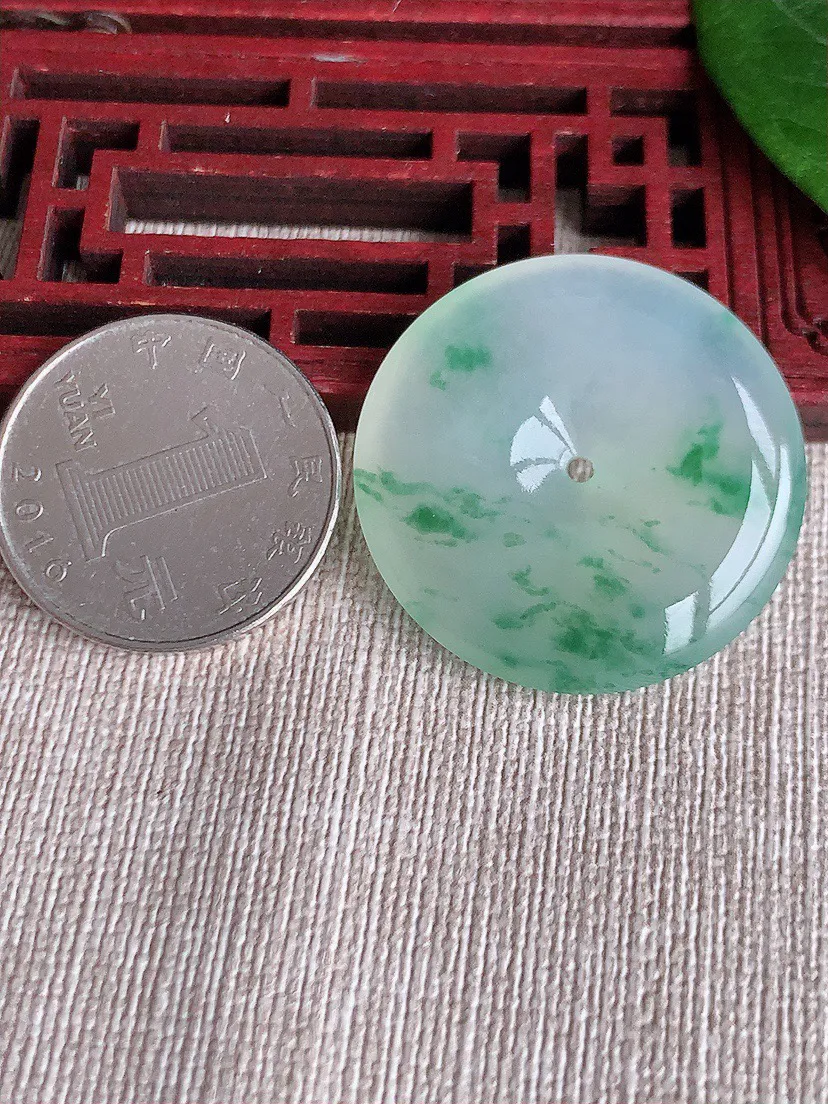 缅甸a货翡翠ddj老坑冰种飘花平安扣吊坠 整体31.3×5.6mm 11.70
