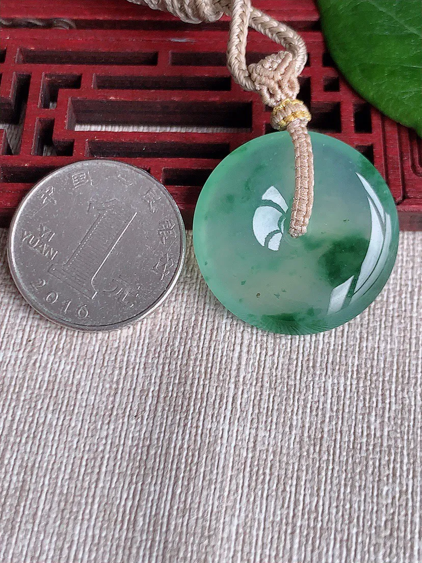 缅甸a货翡翠ddj老坑高冰种飘花平安扣吊坠 整体28.2×5.4mm 12.92