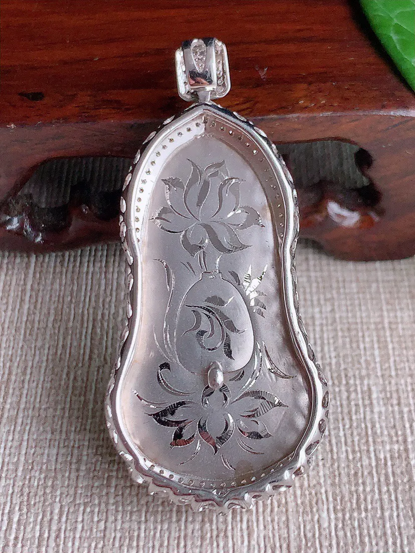 缅甸a货翡翠ddj老坑冰种18K金镶嵌飘绿观音吊坠 整体51×23.5×10.6裸石38×21.2mm 14.65