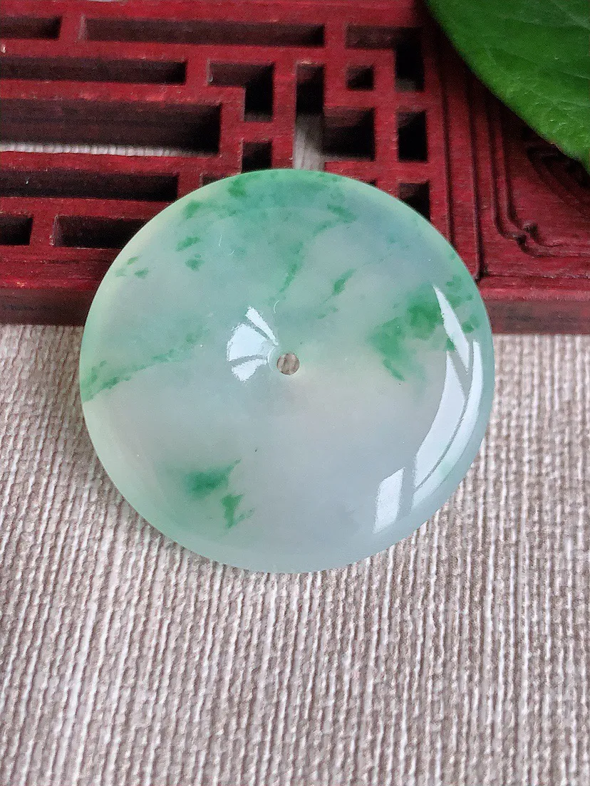 缅甸a货翡翠ddj老坑冰种飘花平安扣吊坠 整体31.3×5.6mm 11.70