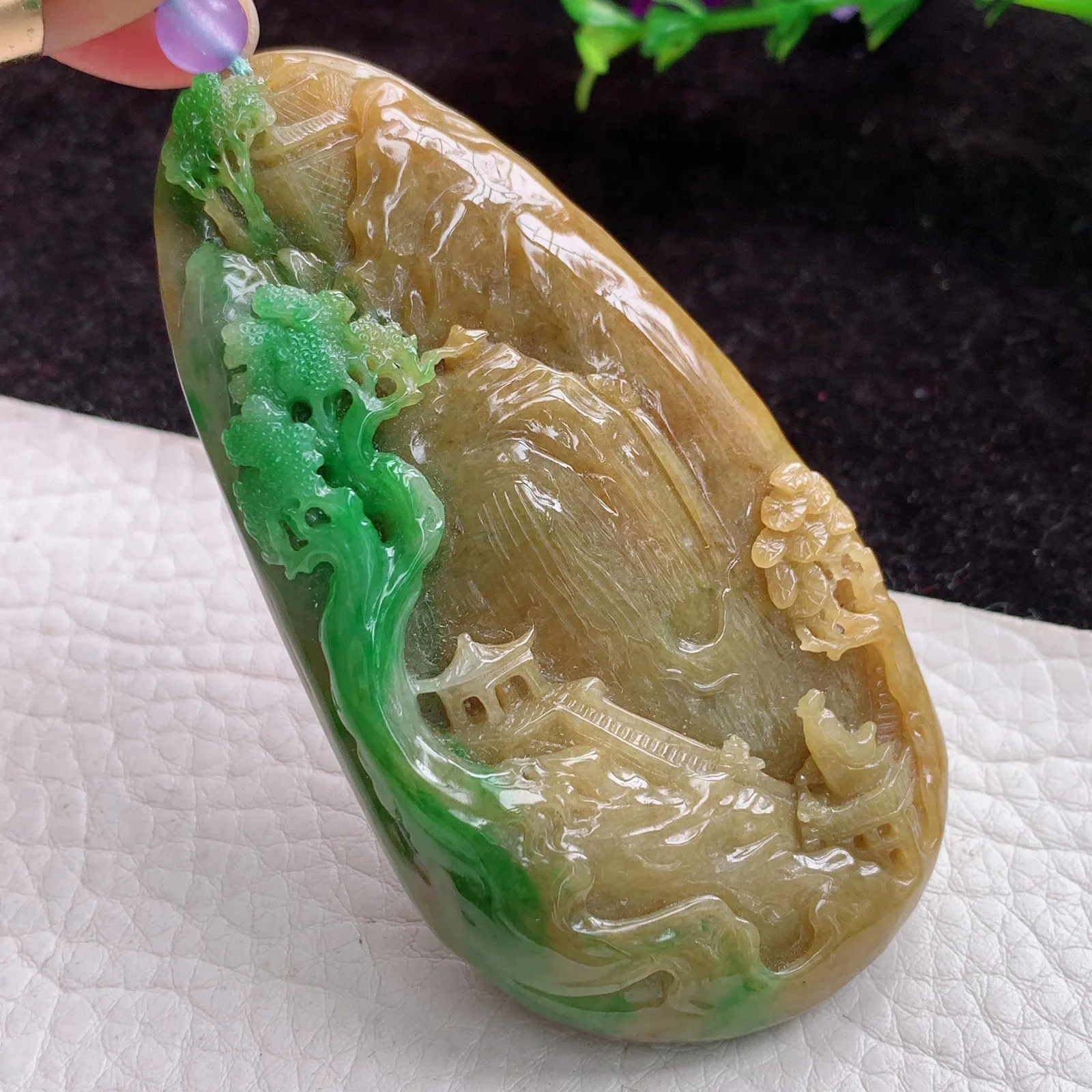 cy实拍75*40.6*13.5缅甸A货翡翠双彩山水玉吊坠 大好河山玉挂件