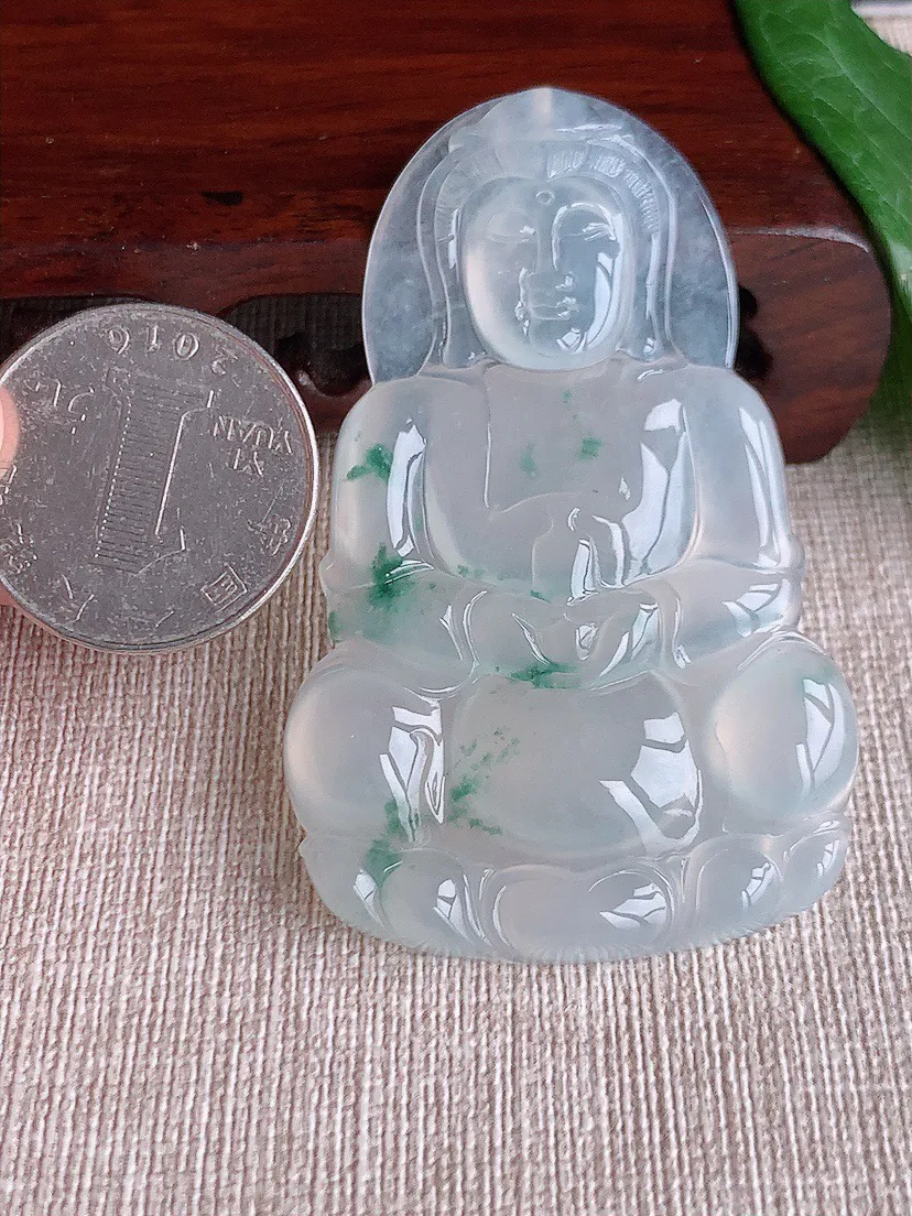 缅甸a货翡翠ddj老坑高冰种飘花大正装观音吊坠 整体62.4×39.2×5mm 22.17