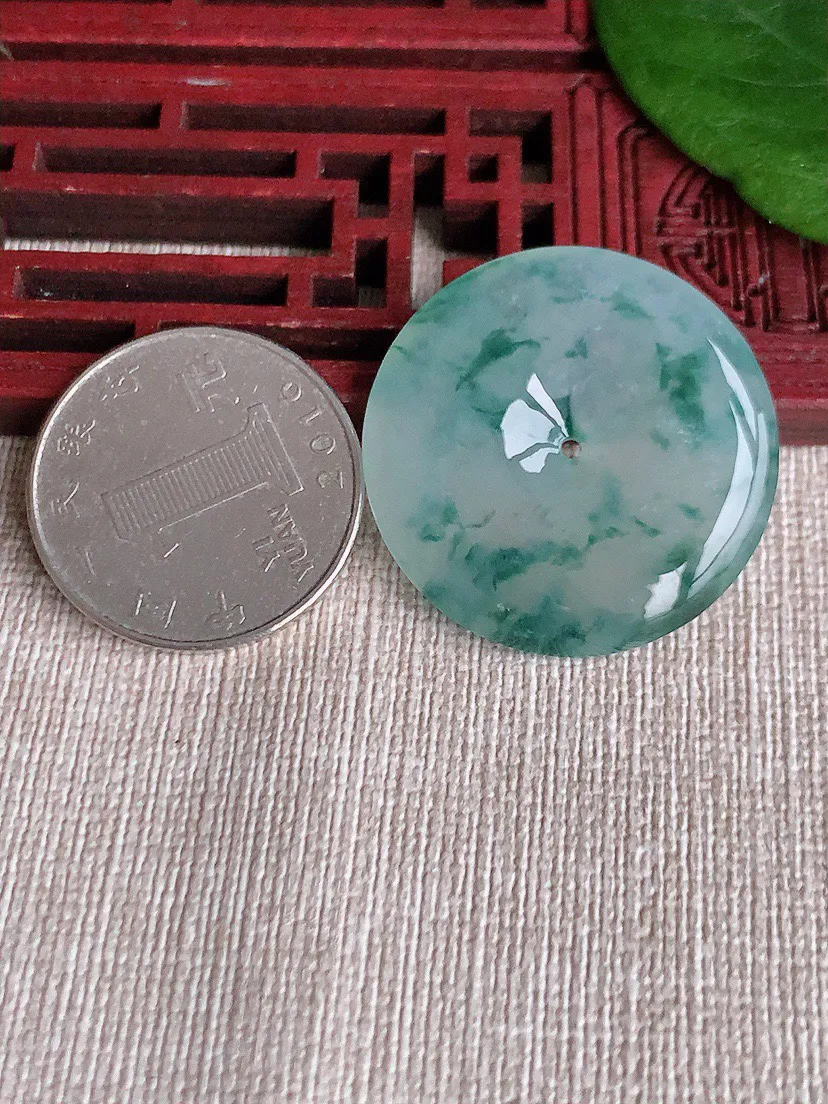 缅甸a货翡翠ddj老坑冰种飘花平安扣吊坠 整体30.5×5.2mm 10.72