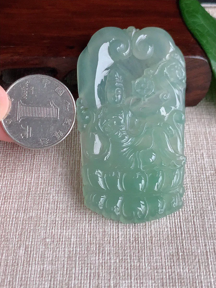 缅甸a货翡翠ddj老坑冰种晴水自在观音吊坠  整体66×36.4×5mm 30.27