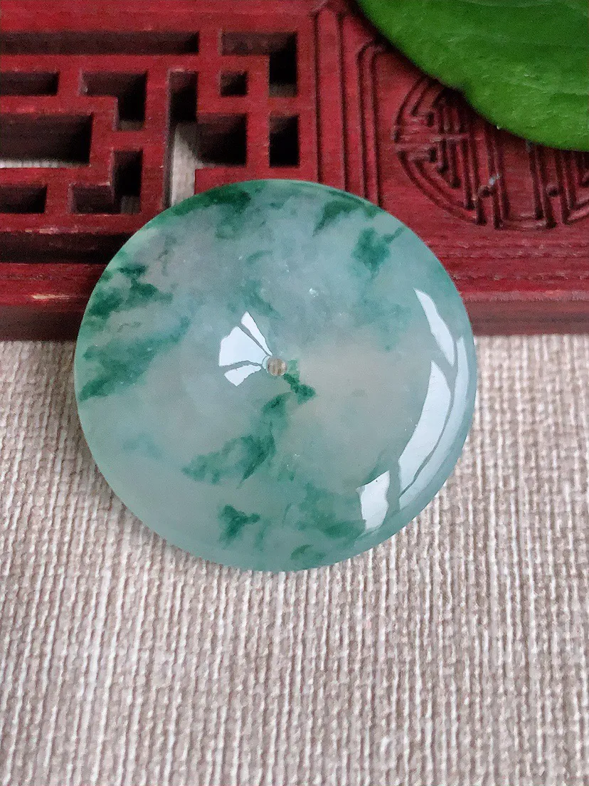 缅甸a货翡翠ddj老坑冰种飘花平安扣吊坠 整体30.5×5.2mm 10.72