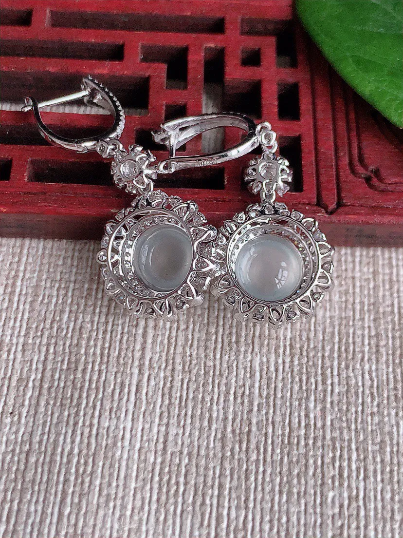 缅甸a货翡翠ddj老坑玻璃种18K金镶嵌白月光蛋面耳坠整体7×7.8mm 4.20