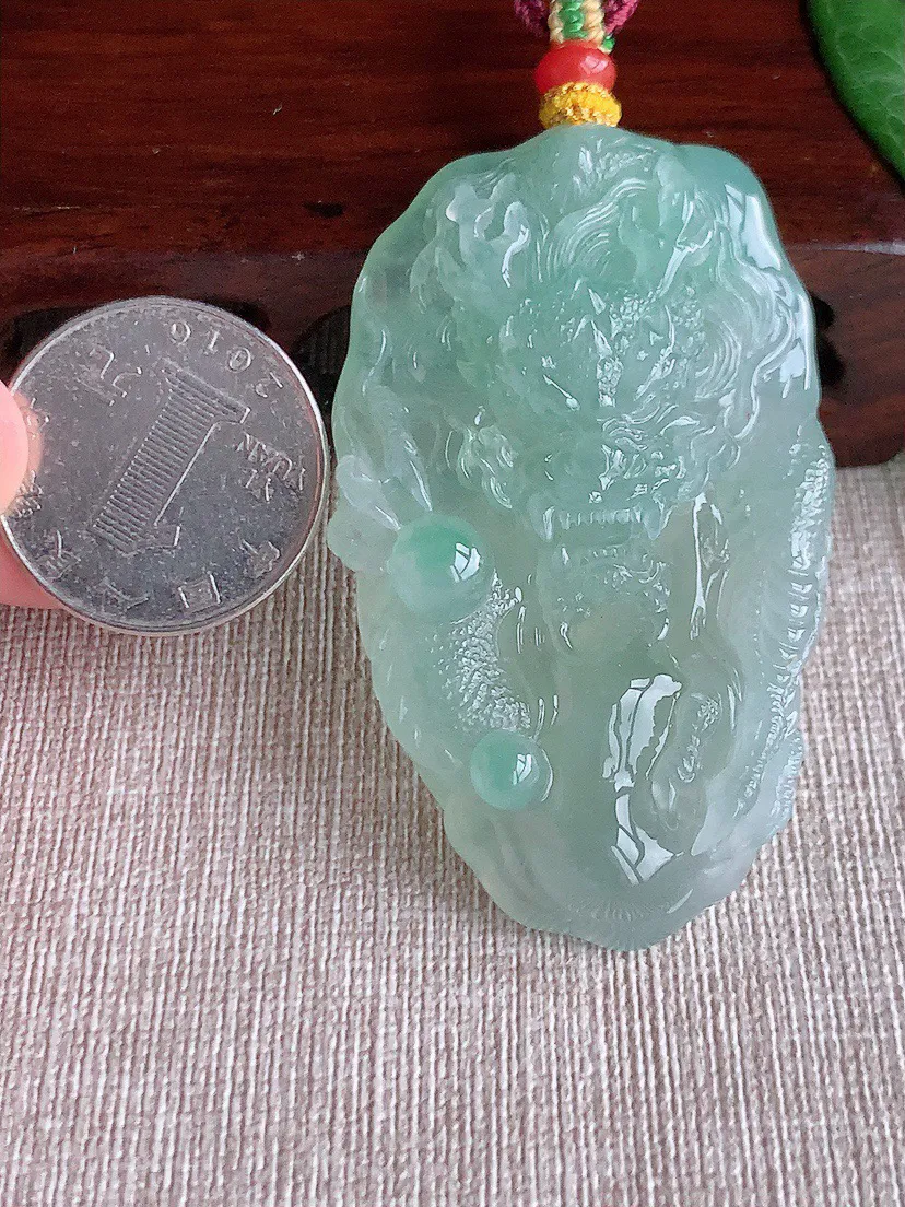 缅甸a货翡翠ddj老坑冰种晴水龙牌吊坠 整体60.6×35.6×12mm 45.54