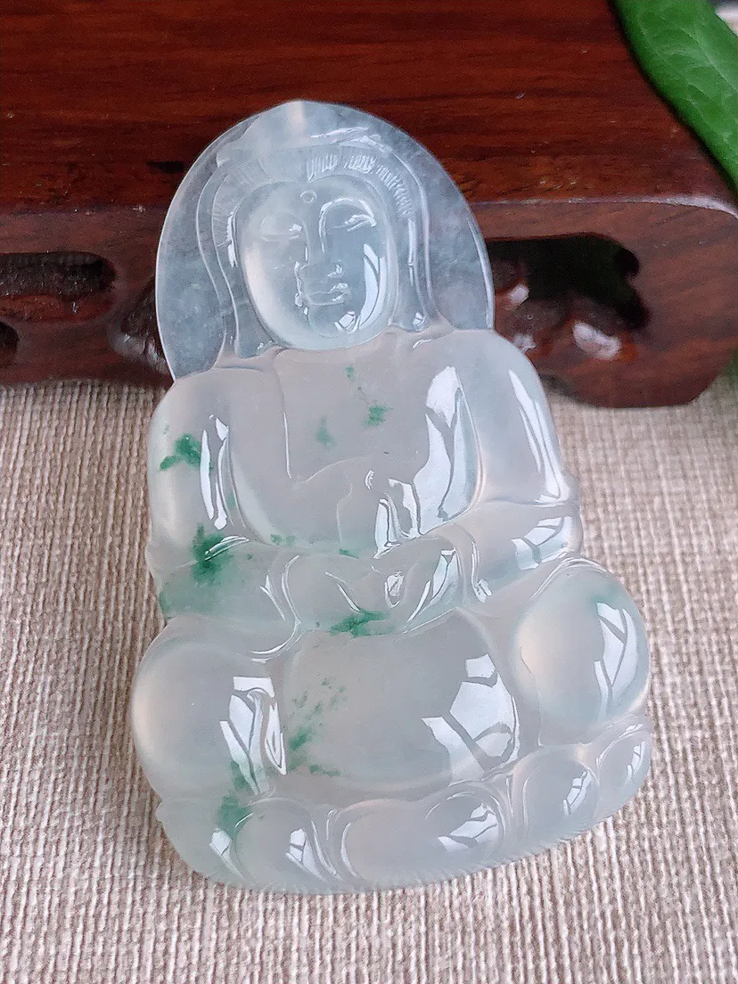 缅甸a货翡翠ddj老坑高冰种飘花大正装观音吊坠 整体62.4×39.2×5mm 22.17