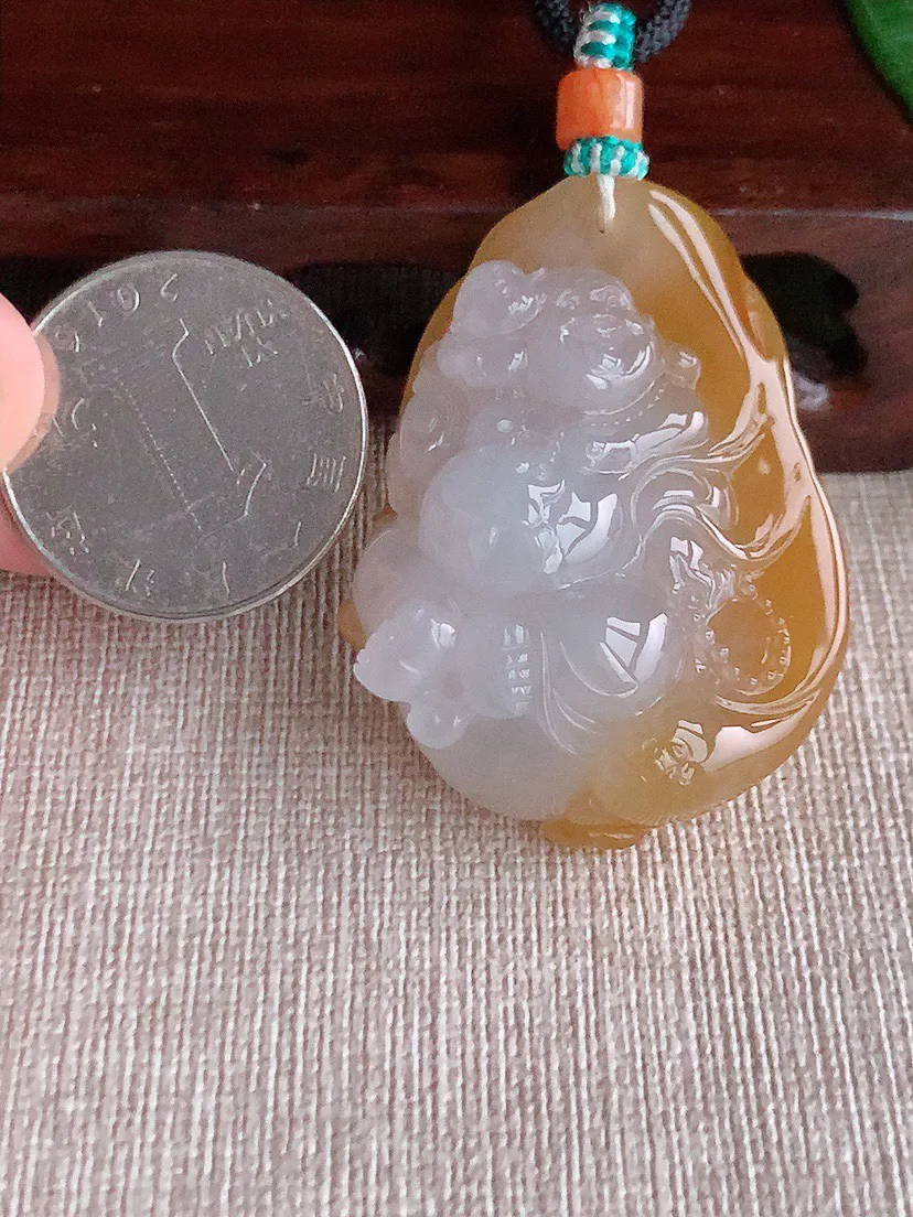 缅甸a货翡翠ddj老坑冰种飘黄翡逍遥佛吊坠 整体44×33.4×16.2mm 35.70