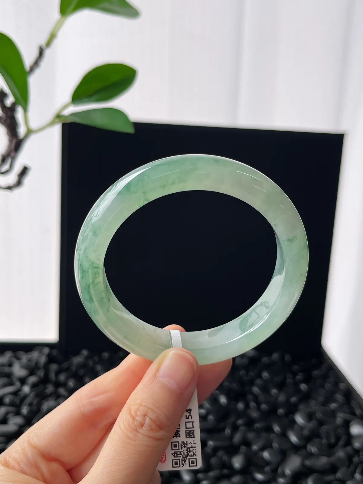 正圈54圈口，翡翠冰糯种飘绿手镯，飘花灵动