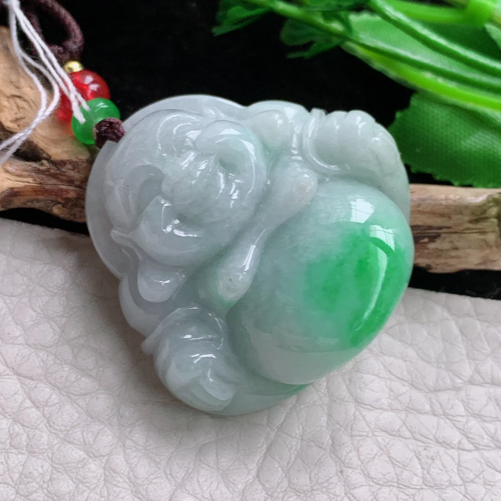 zen实拍35.8*38*13.7缅甸A货翡翠飘绿开心佛 翡翠玉佛玉挂件 玉吊坠