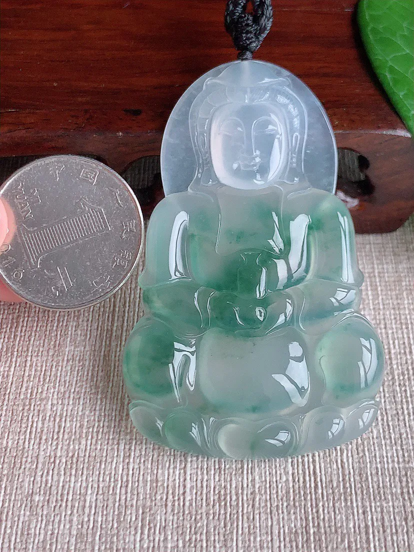 缅甸a货翡翠ddj老坑冰种飘花大正装观音吊坠 整体63.6×40×5.3mm 29.00