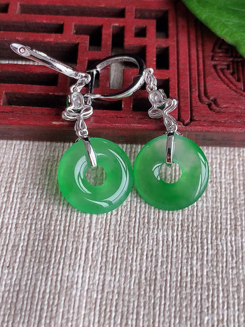 缅甸a货翡翠ddj老坑冰种18K金镶嵌晴绿平安环耳坠 整体13.2×2mm 3.70