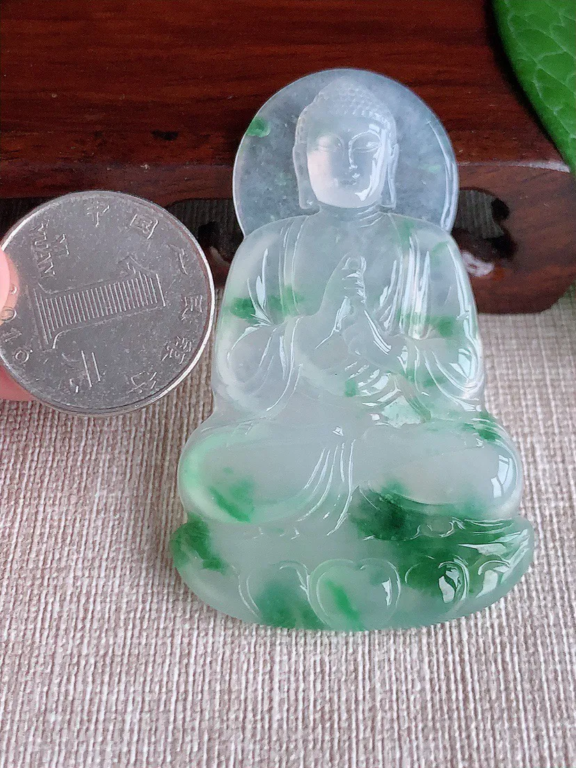 缅甸a货翡翠ddj老坑冰种飘绿大日如来吊坠 整体61.8×38×5mm 21.06